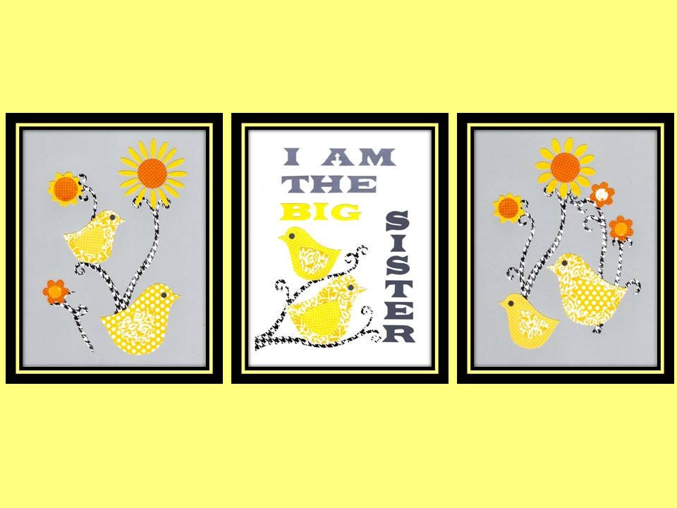 Yellow & Gray Nursery Art, Gray Yellow Birds, Floral Childs Room Decor, Big Sister Wall Art Set of 3 -  8 x 10 collage prints