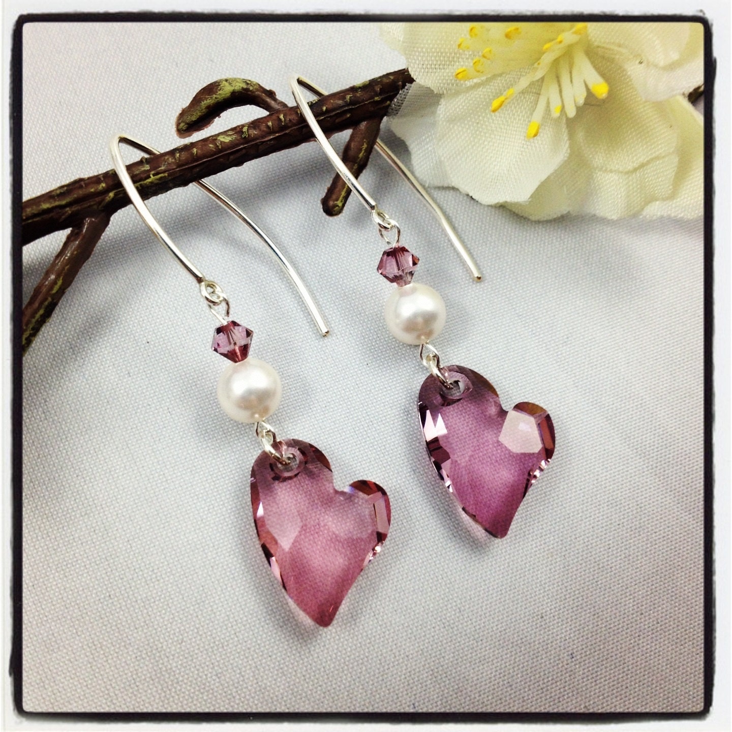 Antique Pink Swarovski Crystal Heart Earrings, Sterling Silver-Filled, Dangle, White Pearl, Bridal/Wedding Jewellery