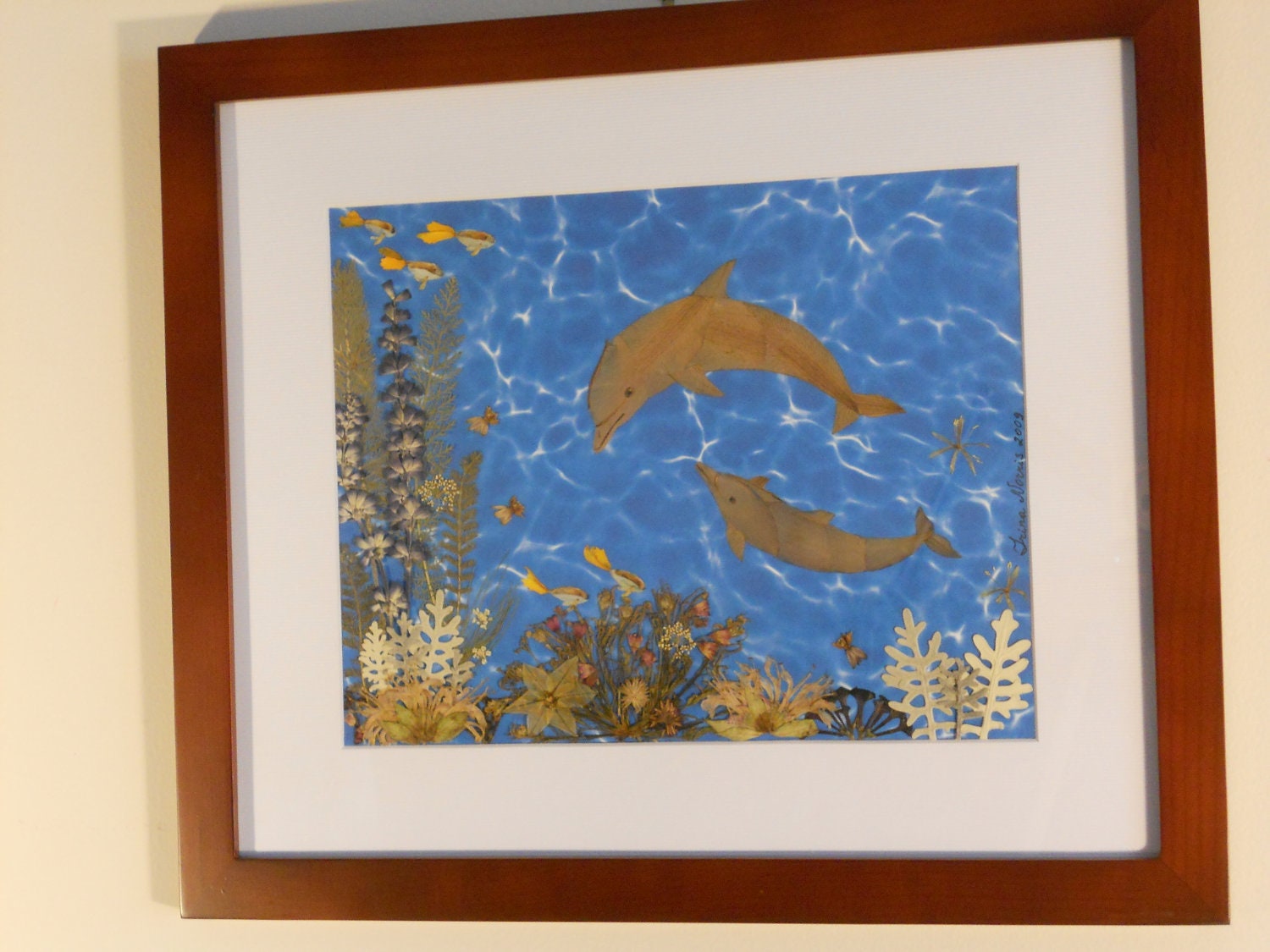 Original Pressed Flower Art / Real Flower Artwork / Oshibana / Mixed Media / Dolphins / Floral Framed Art Wall Decor