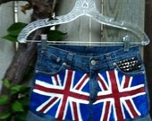 British Flag shorts, studded upper right pocket with One Direction signatures on back pockets