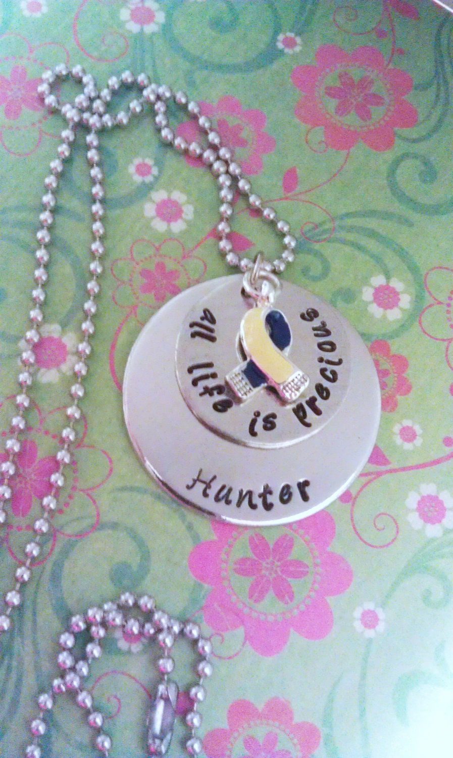 IDSC For Life "all life is precious" Hand Stamped Necklace with Name Customization and Down Syndrome Awareness Ribbon