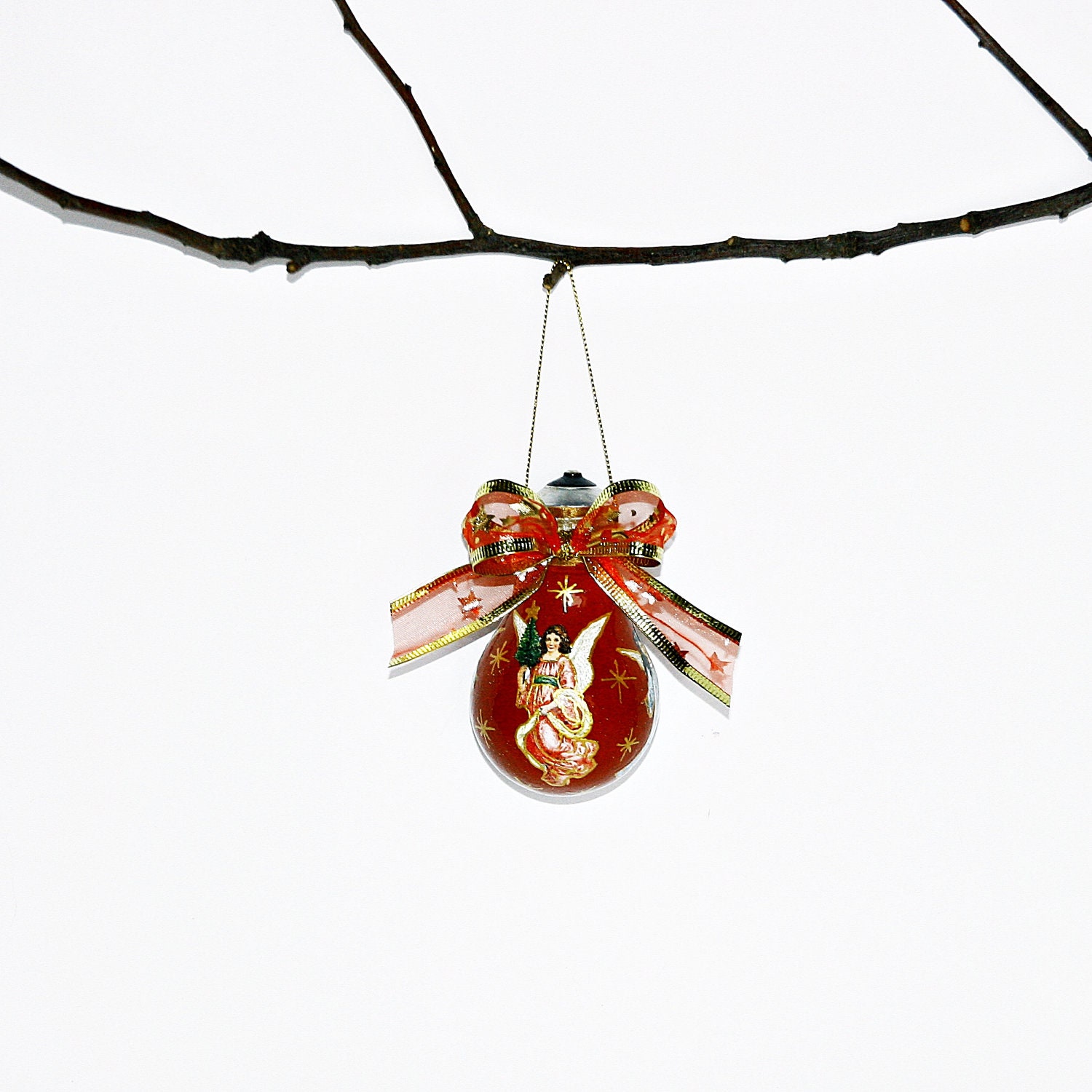 SALE 20% Handmade Decoupage Christmas Glass Bulb, Home Decoration in Red and Gold with Angels