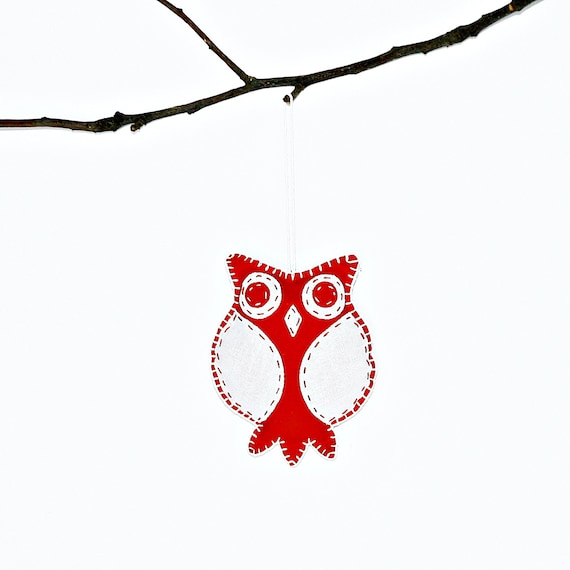 Handmade Owl Christmas Ornament with in White and Red