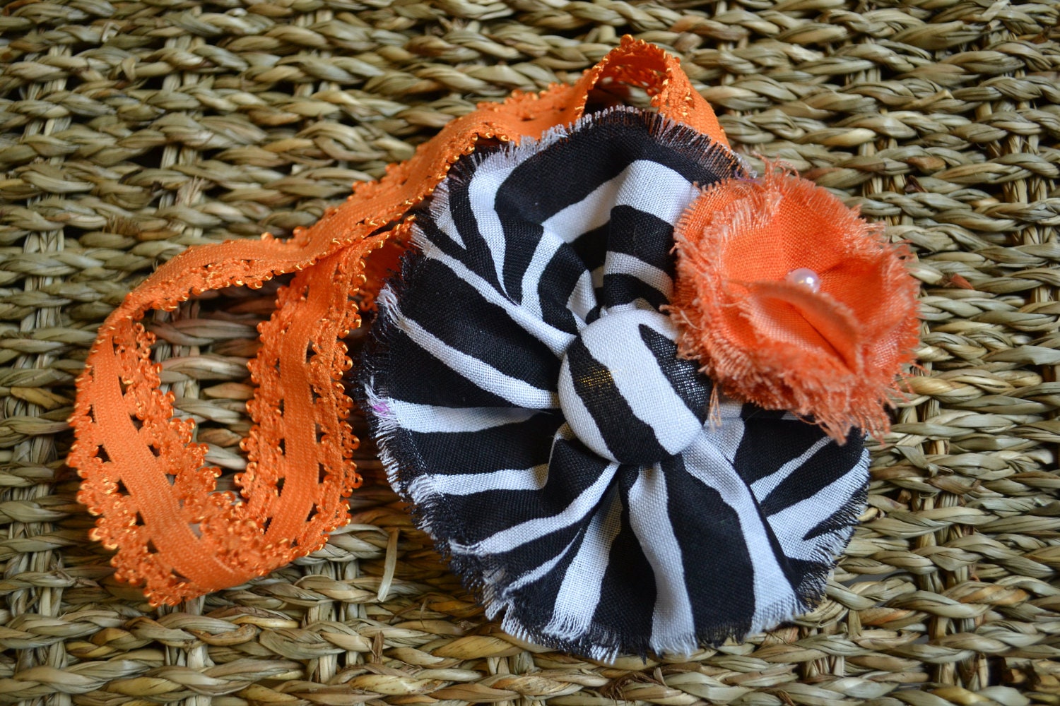 Frayed Zebra and Orange Fabric Ruffle / Box Bud Combo - Headband