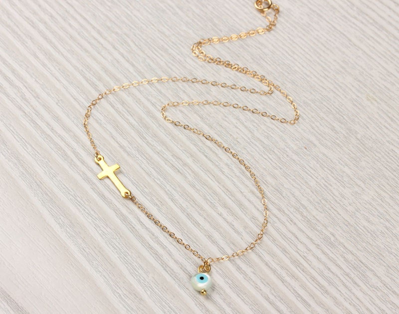 Evil eye necklace, protection necklace, sideways cross necklace, 14k gold filled necklace, gold cross pendant, faith necklace, "Stilbe"
