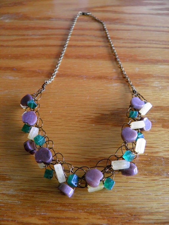 Charming Purple Aventurine, Cream Quartz and Green Aventurine Woven Semi Precious Necklace
