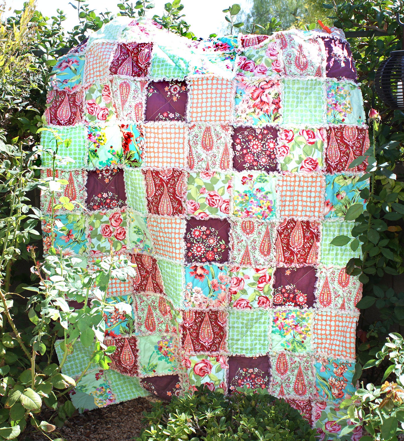 RAG QUILT, THROW,  Amy Butler Love design, Pinks, burgundy, green, blue, 100 percent cotton, All Natural, Handmade