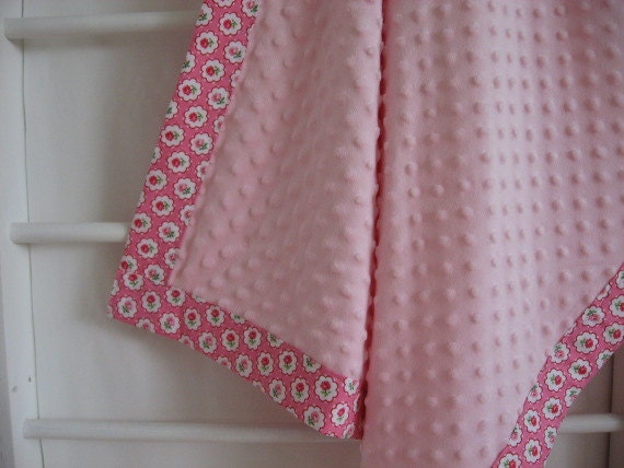 Bubble Dot Minky Blanket - Pink Minky, Light Pink Satin Back, Pam Kitty Buttons Binding - Soft, Cuddly, and Warm