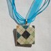 Wood Tile Necklace with Shades of Blue and White Argyle