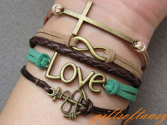 SALES- Retro cross bracelet, infinity bracelet, love bracelet, anchor bracelet, multistrand leather bracelet with brass charms