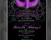 Masquerade Party Custom Designed Invitation - Black, Purple and Green - Mardi Gras- Masquerade or Mardi Gras Theme - Digital File