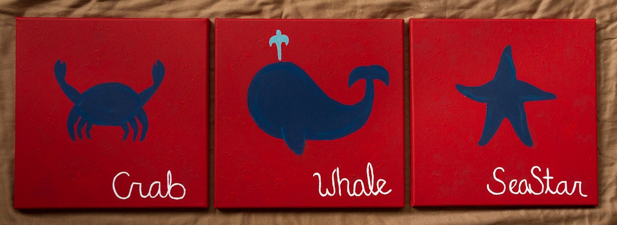 Sea Creatures set of 3 12x12 Acrylic on Canvas, Whale/Sea Star/Crab in Red and Navy