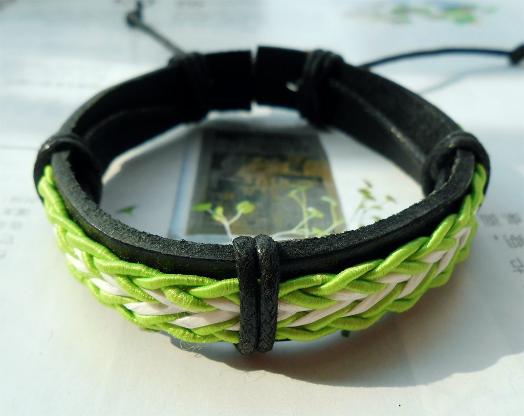 Spring Gift Cool Green and white elastic cotton rope Leather Cuff Adjustable Bracelet C-39