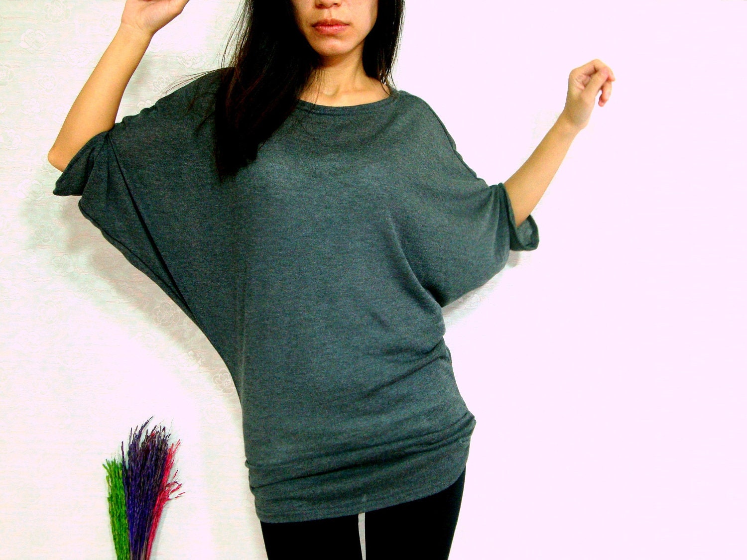 Dark Gray Tunic / Women Blouse - Oversized Tee / Batwing Tee / Poncho Sleeve - Women Casual Comfy T shirt Top / large medium small