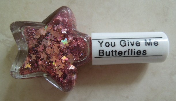 Custom Blended Nail Polish - "You Give Me Butterflies" - Rose Pink Holographic Butterflies Hexagon Glitter - Lacquer