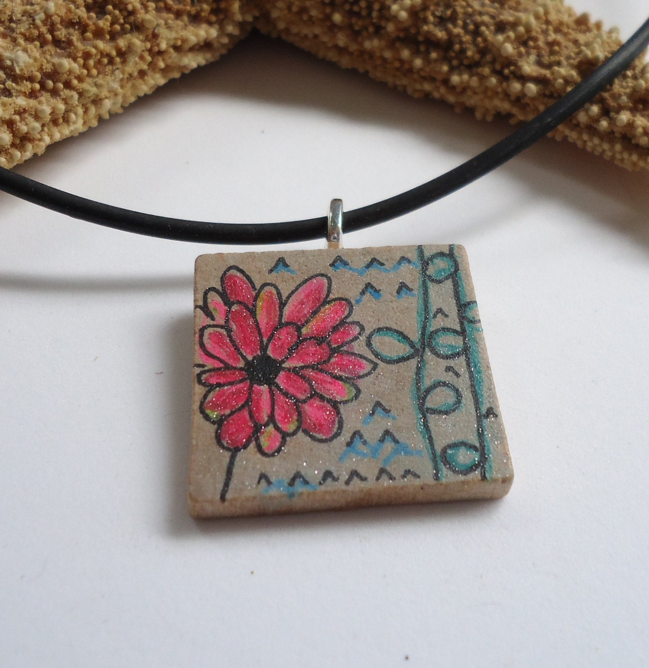 pink poppy flower and green leaves, Handmade one of a kind wooden square pendant, hand painted