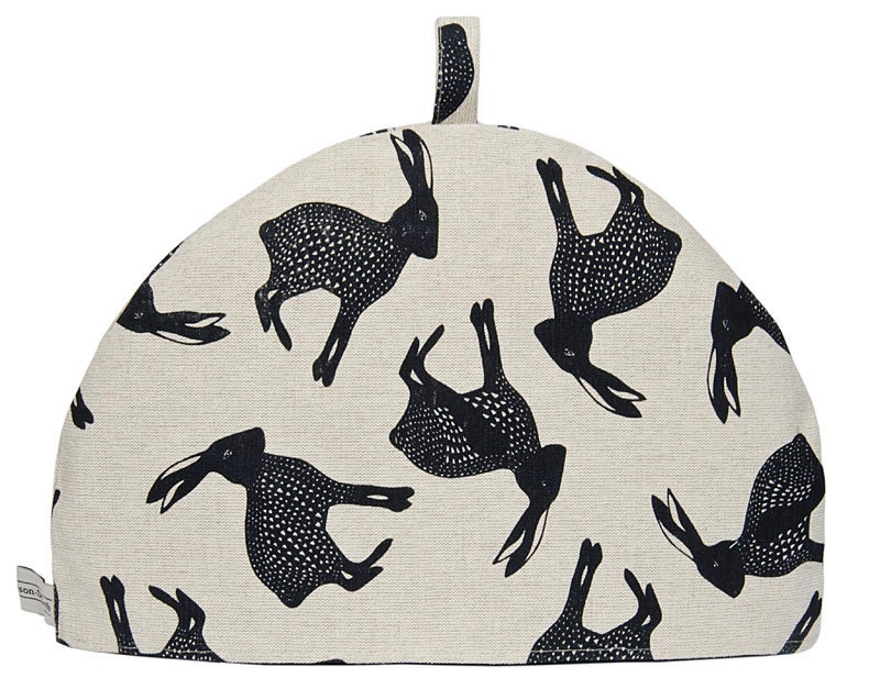 Slate grey "leaping hare" hand printed tea cosie