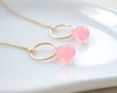 Smooth Pink Opal Teardrops and Golden Halos on 14kt Threader Earrings