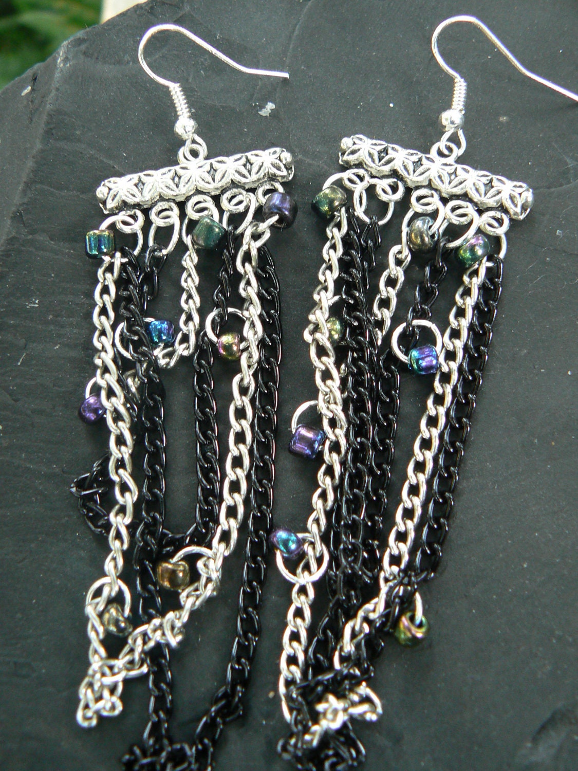 chandelier chain earrings silver black peacock dangling beads gypsy boho hippie and belly dancer