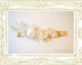 PRIMLACE Twenties Inspired Cream & White Feather Headband (Size Available 16"- 12 to 24 months)