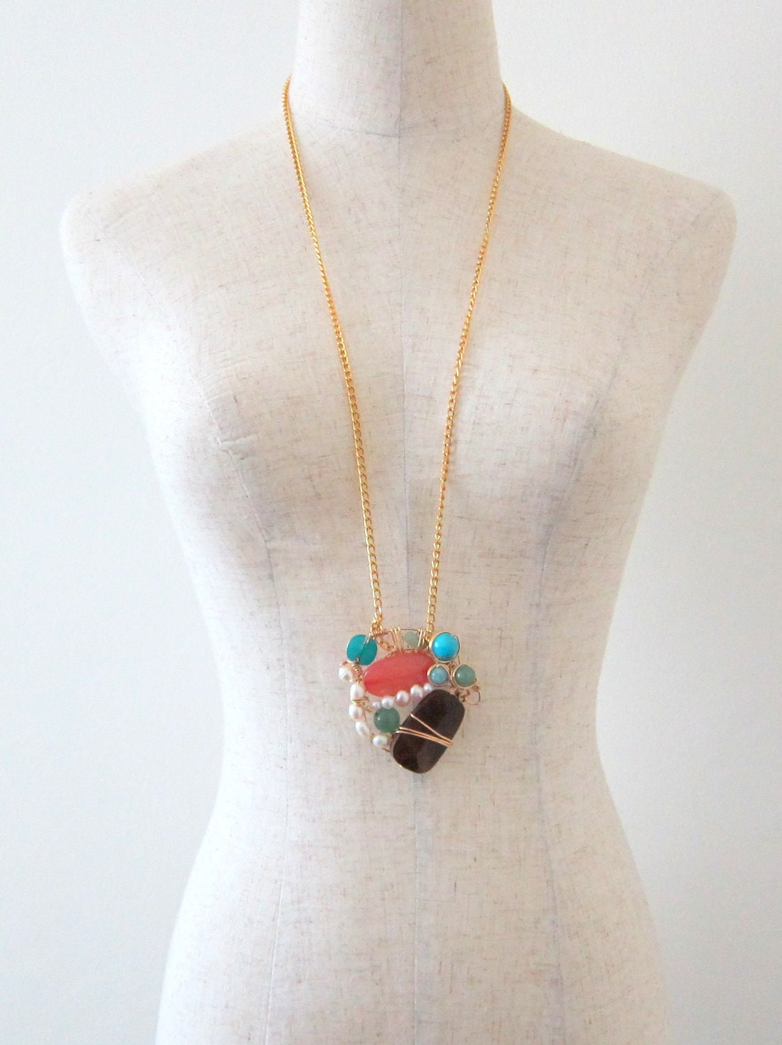 Wire Wrapped Wood and Pearl Statement Necklace