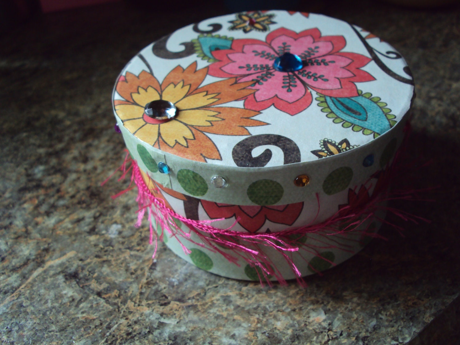 Decoupaged Flower Rhinestone Embellished Round Trinket Jewelry Gift Box All Occasion OOAK Handmade