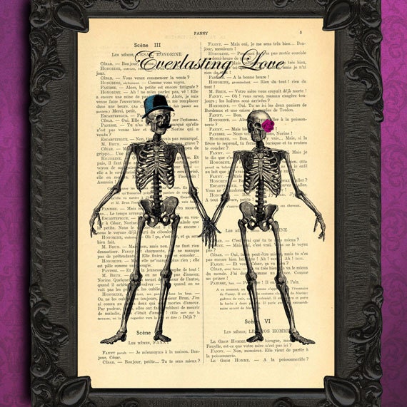 Everlasting love skeletons antique illustration - beautifully upcycled dictionary page book art print - altered book page print