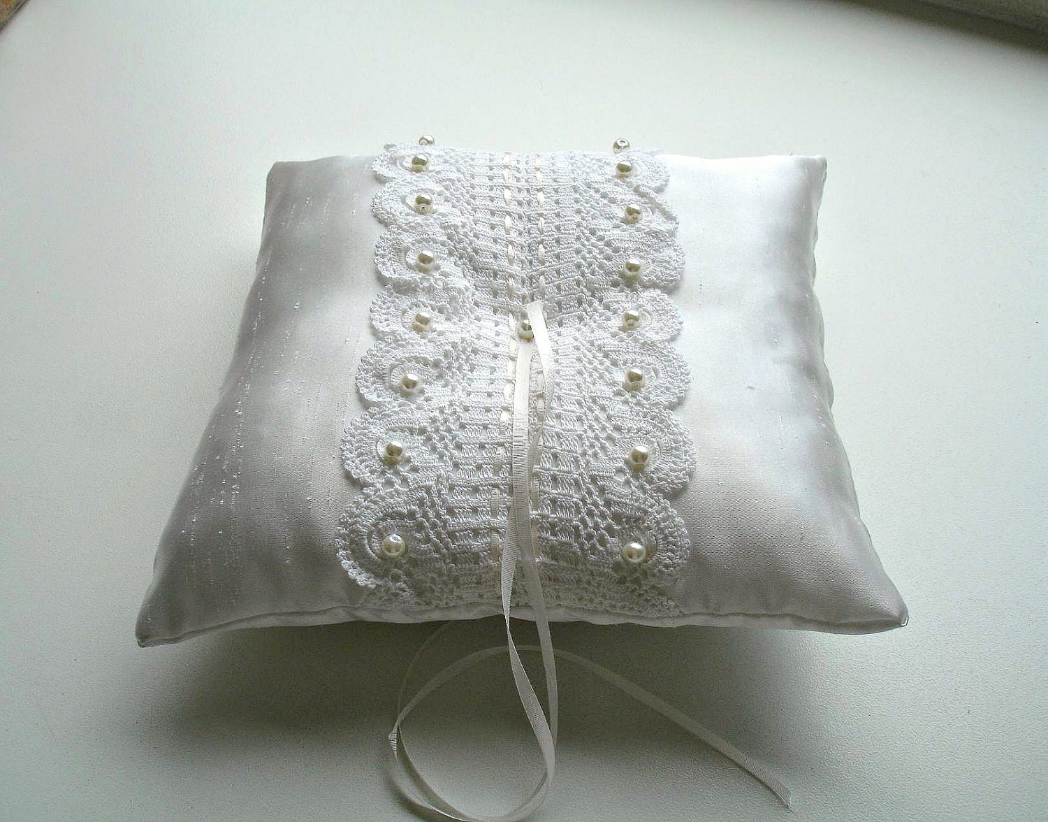 Ringbearer Pillow in Ivory Color With Handcrocheted Vintage Lace  and Pearls