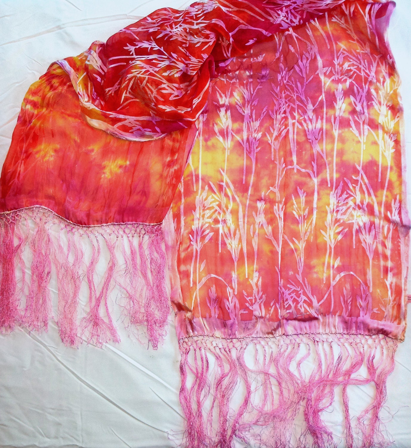 Red and Orange Satin and Silk Scarf w/ Fringe 22"x72"