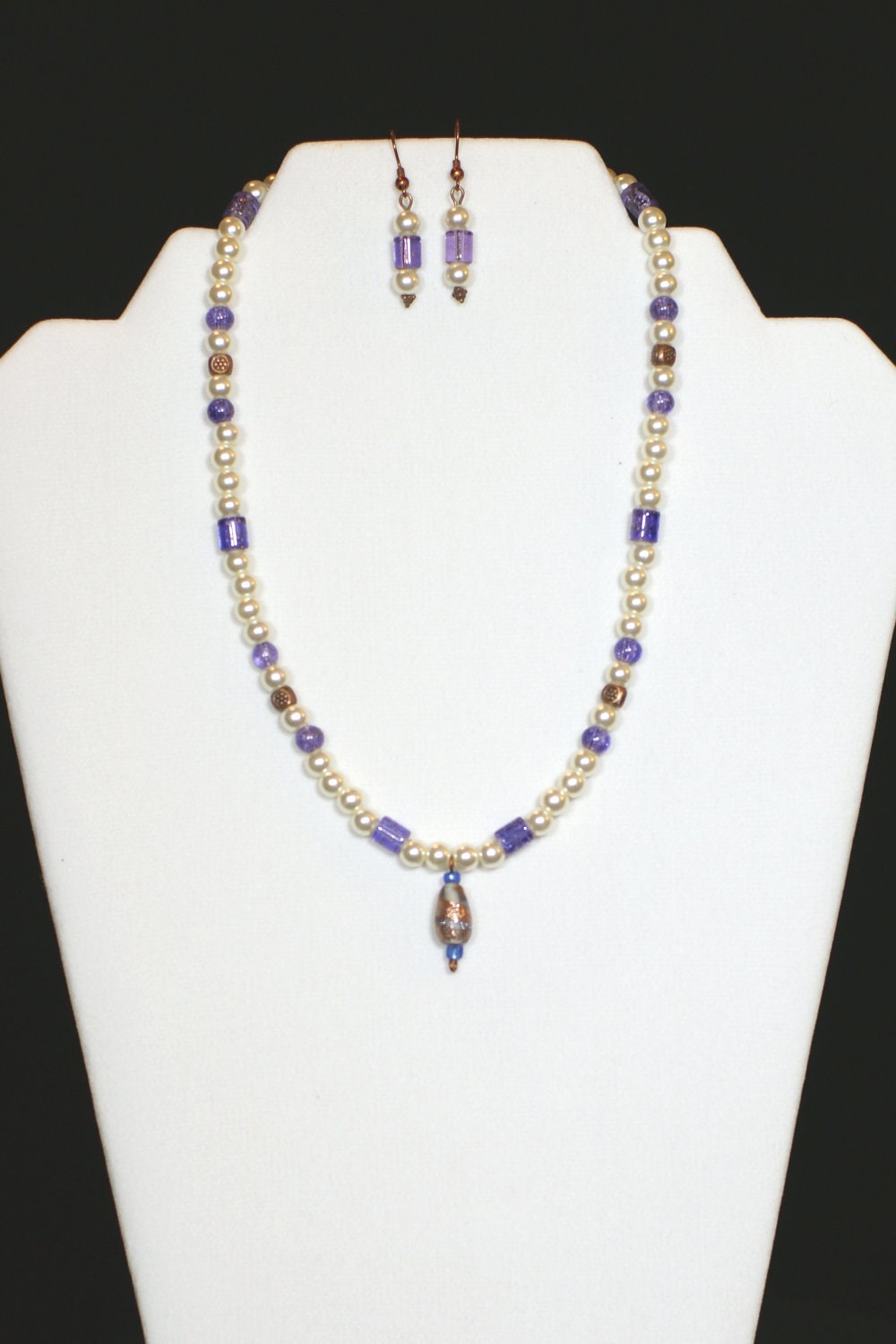 Blue and White Glass Pearl Jewelry Set , Wedding Necklace Bracelet Earring Beaded Set