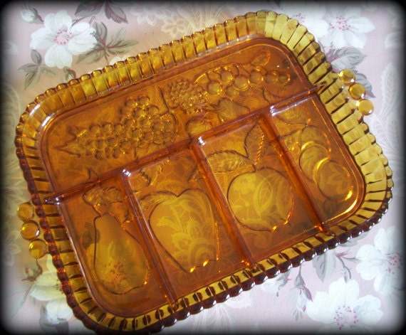 Vintage 70's Indiana Glass Amber 5 Section Relish Tray Fruit Motif