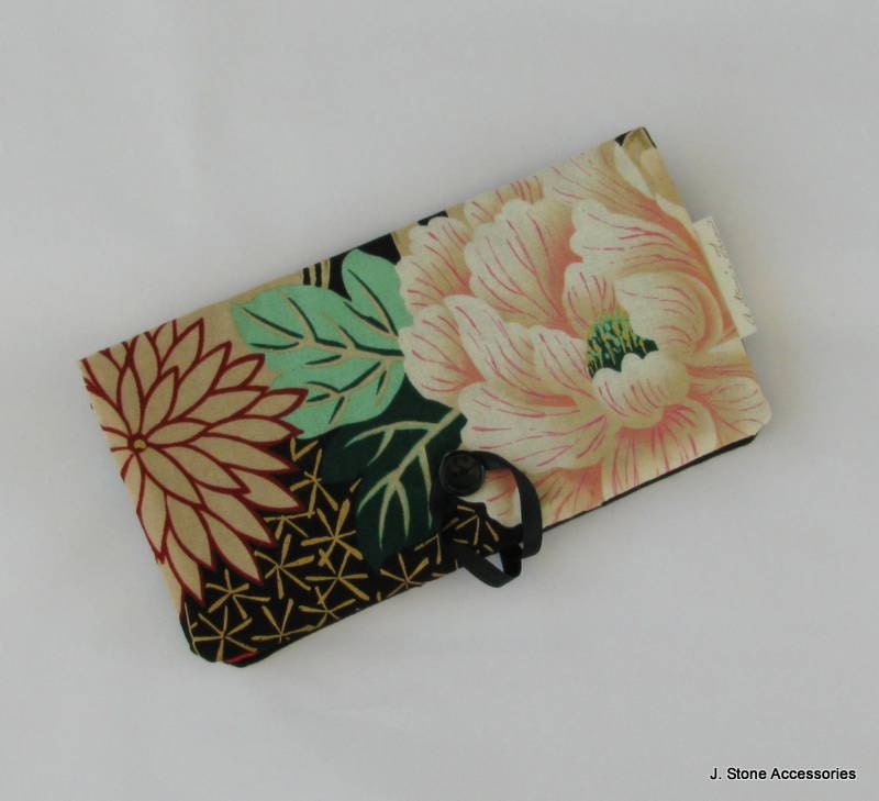 Women's Wallet, Black, Green, Red and Gold Floral Print Women's Checkbook Style Wallet