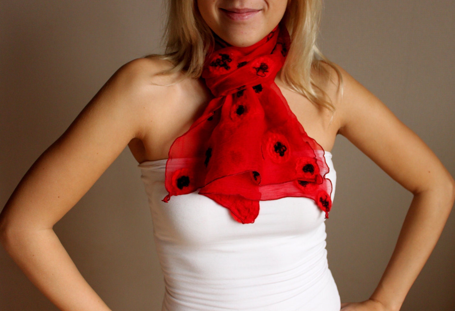 Red silk scarf '' Red poppies'' with felted wool flowers woman gift idea christmas ny birthday eco/hmet/eco friendly/rusteam/etsy lush