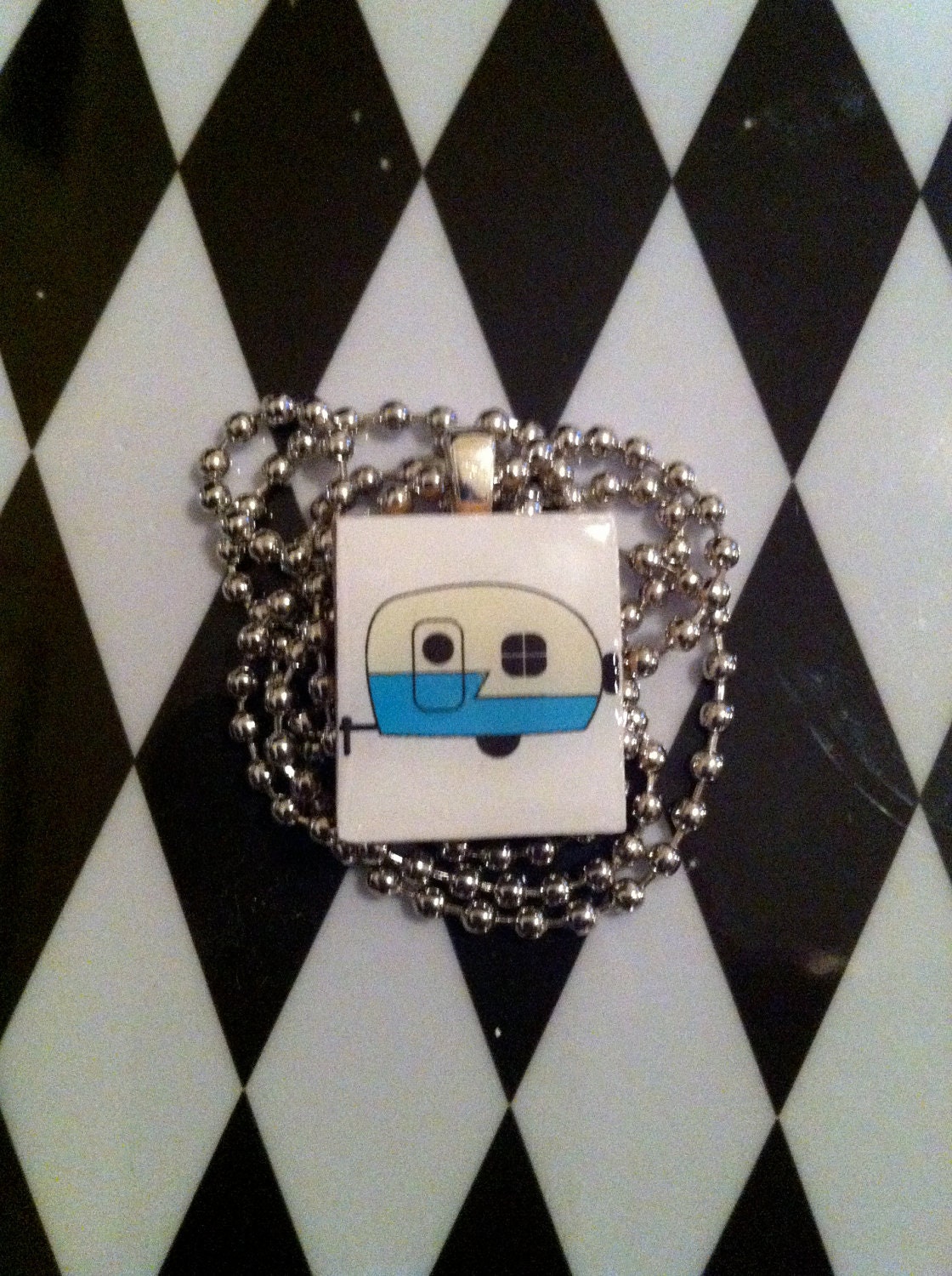 Retro Blue Camper Scrabble Tile Pendant Necklace