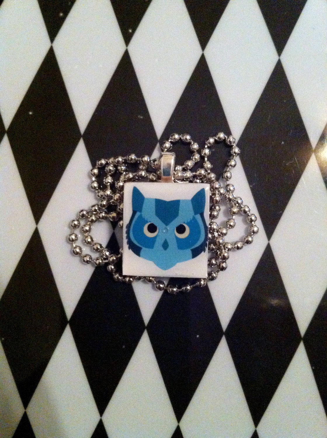 Blue Owl Scrabble Tile Pendant Necklace