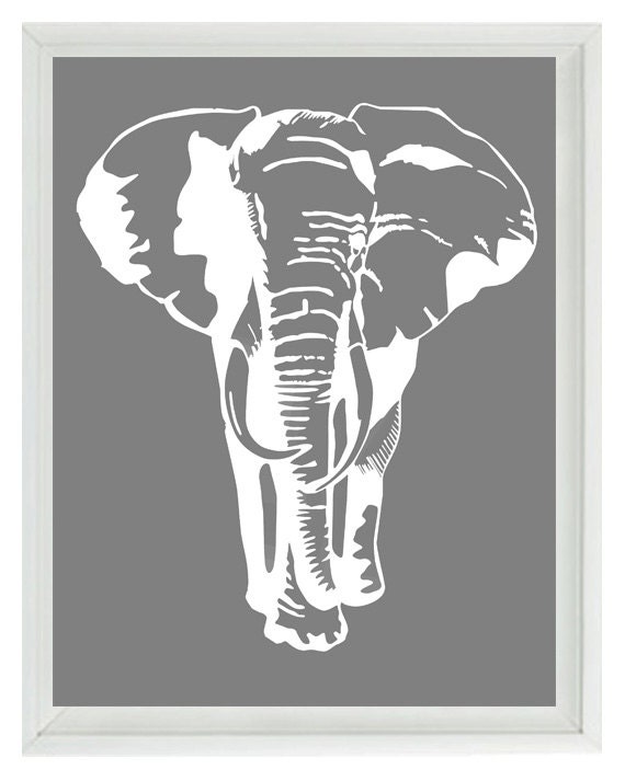 Elephant Nursery Wall Art Prints  - White Gray Decor Silhouette - Children Kid Room Safari Africa Home Decor 8x10 Print