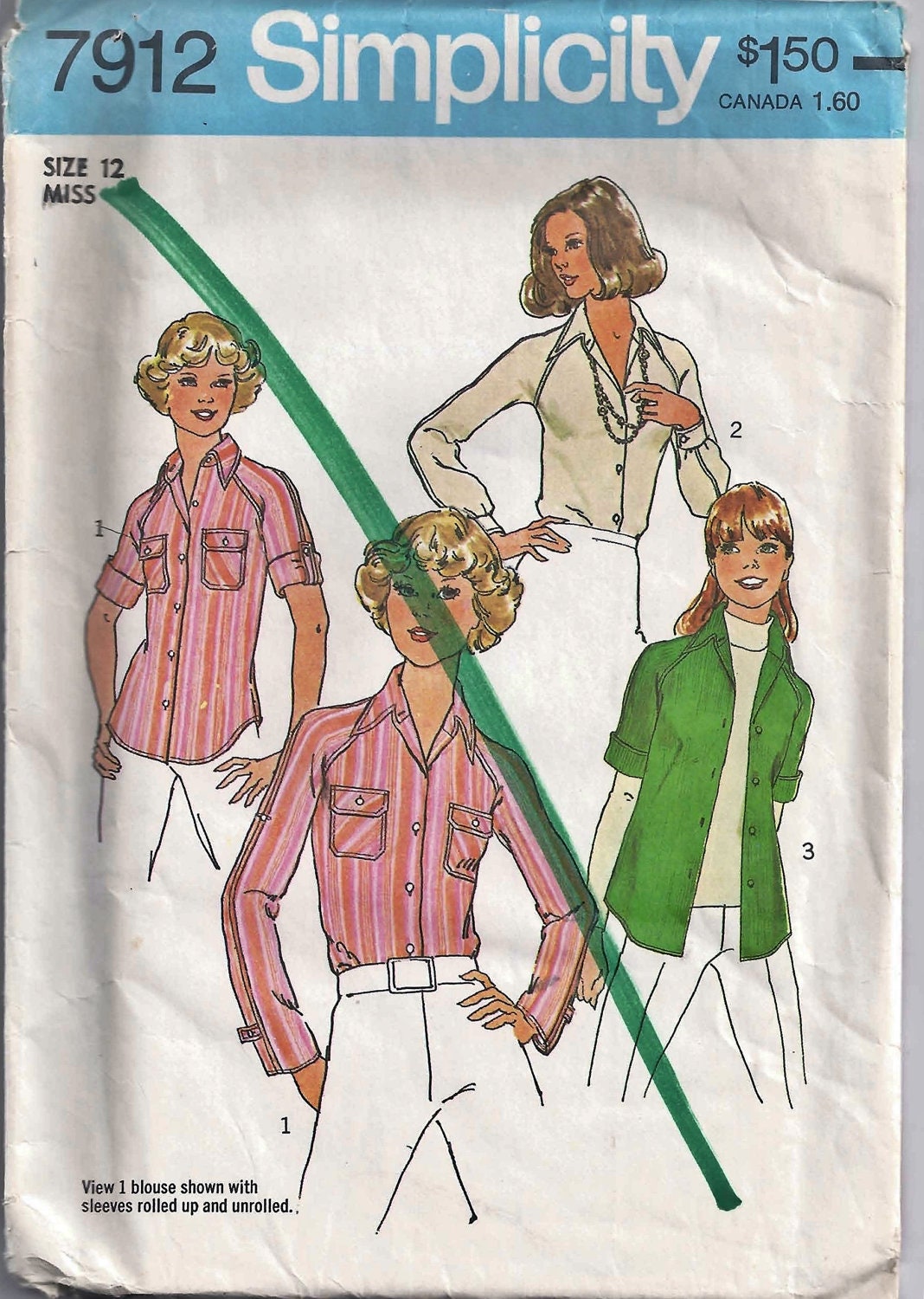 Simplicity 7912 Vintage 70s Raglan Sleeves Buttoned Shirt Pattern, UNCUT