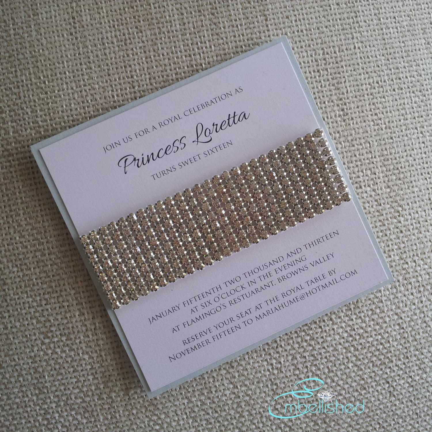 Modern Wedding Invitation Crystals Rhinestones Sweet Sixteen Invitation SAMPLE - 5x5 - FLAT CARD