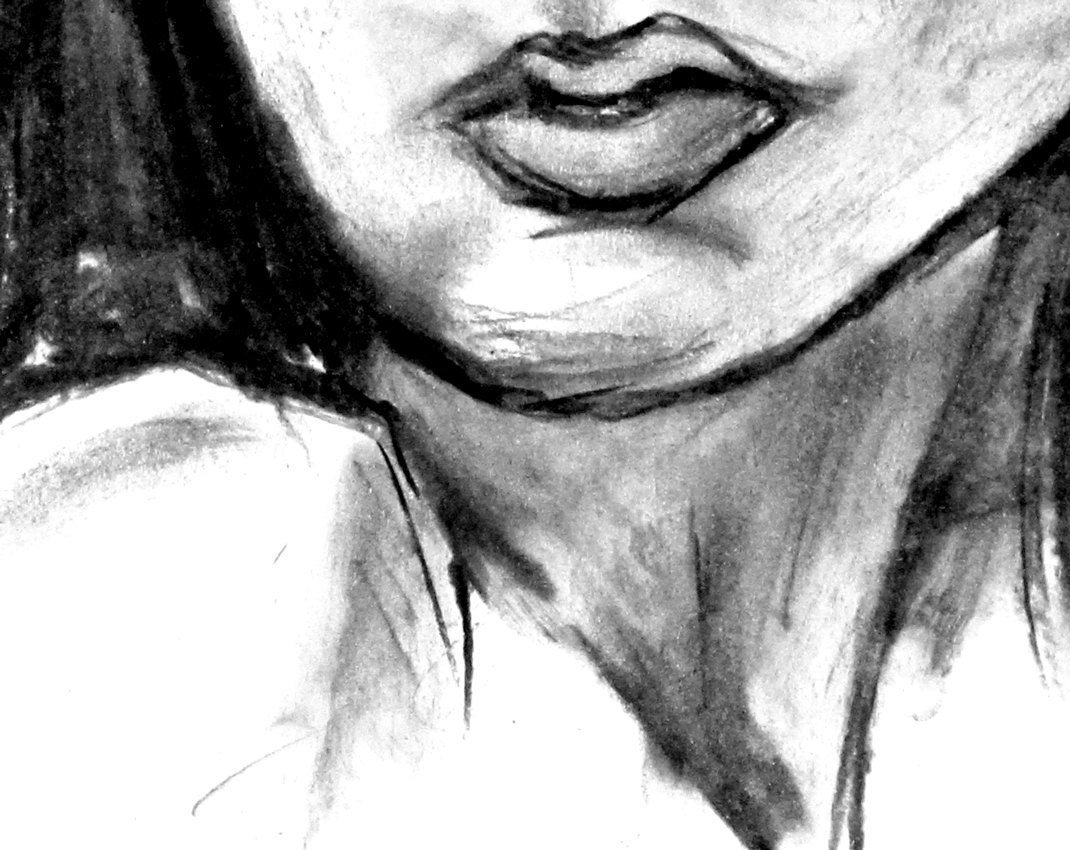 portrait drawing. beautiful woman looking over her shoulder. charcoal. ORIGINAL