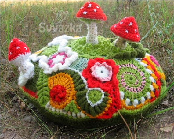 OOAK Crochet freeform pillow The Mushroom Clearing
