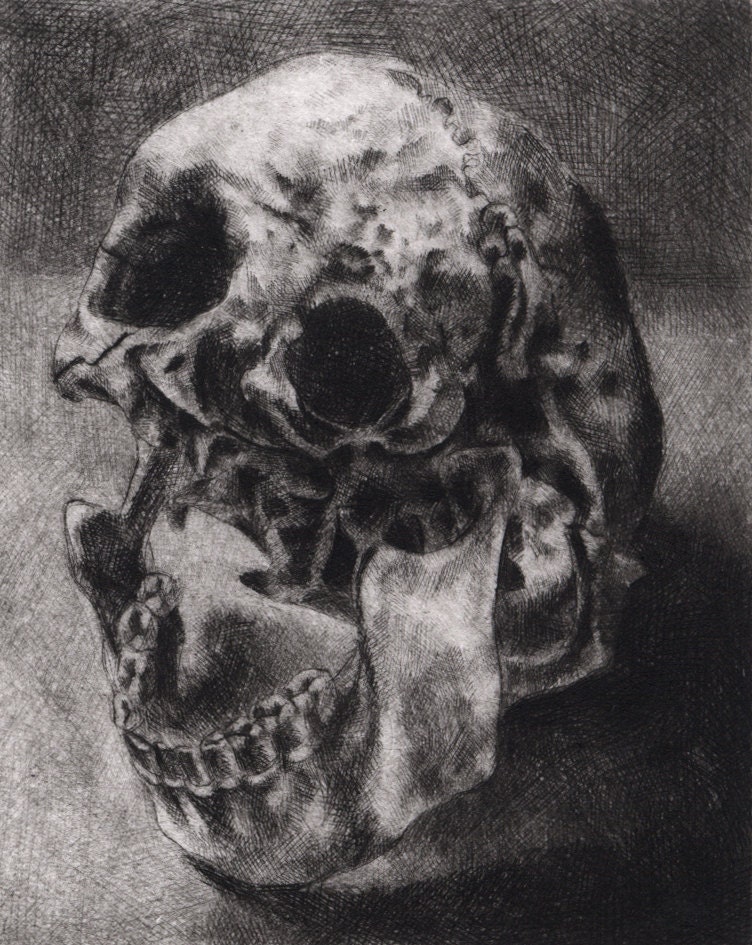 Macabre Skull Print Gothic Horror Creepy Spooky Dark Hand Pulled Intaglio Fine Art Drypoint "The Lower Jaw"