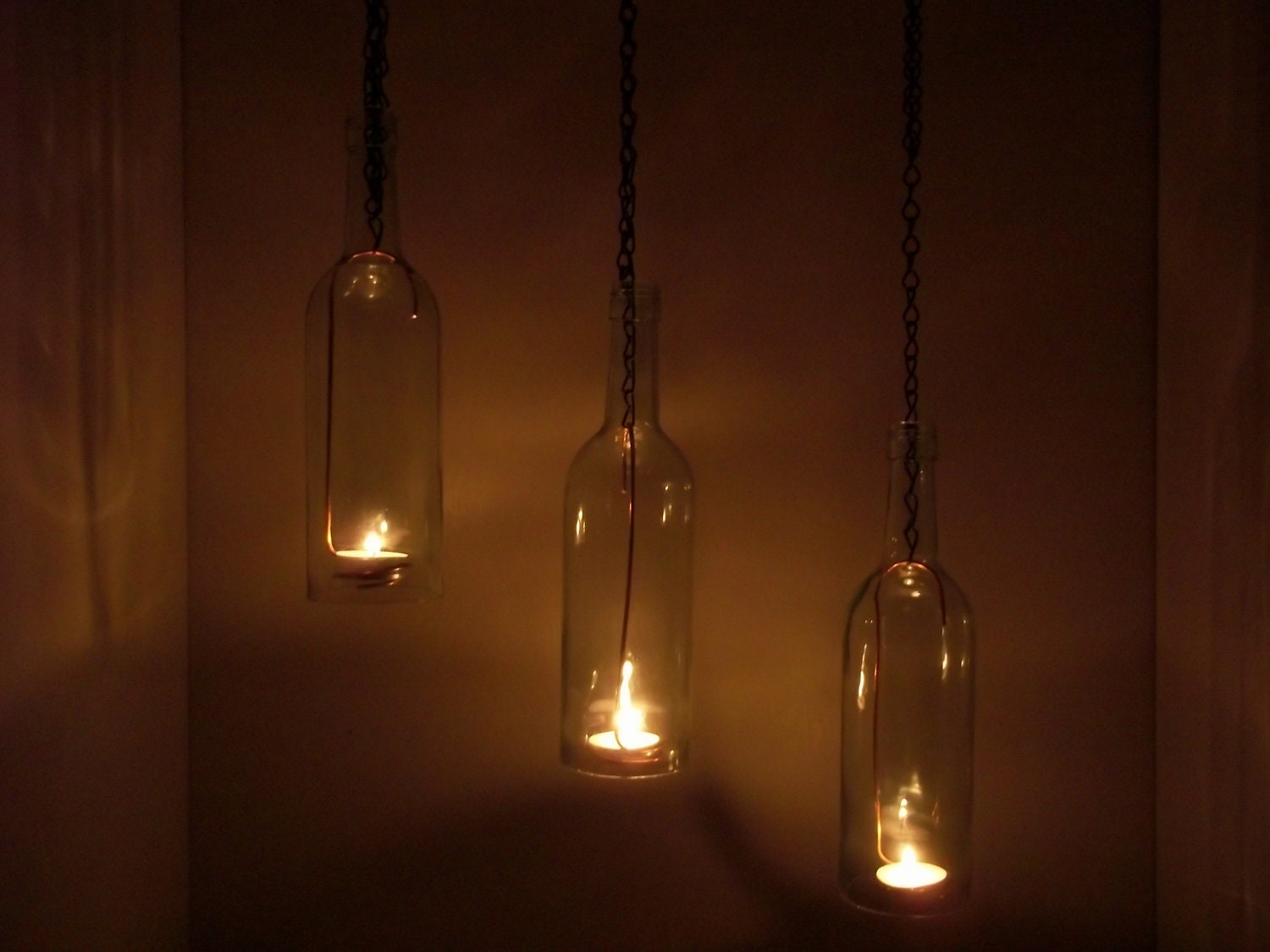 Set of 3 Wine Bottle Hanging Candles Clear  Hurricane Re Purposed Bottle Tea Light FREE SHIPPING