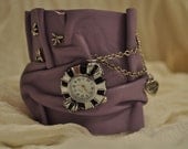 Leather Cuff / Wrist Bracelet / Women Handmade Purple Leather Wrist Bracelet With Metal Accessories and Watch / Clock by HocusPocusStudio