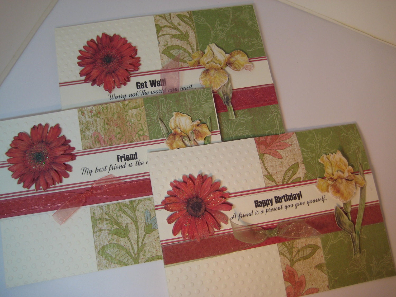 Happy Birthday, Friend, Get Well, 3D, Paper Flowers, Red, Green, Daisies, Greeting Cards, Note Card, Paper Goods