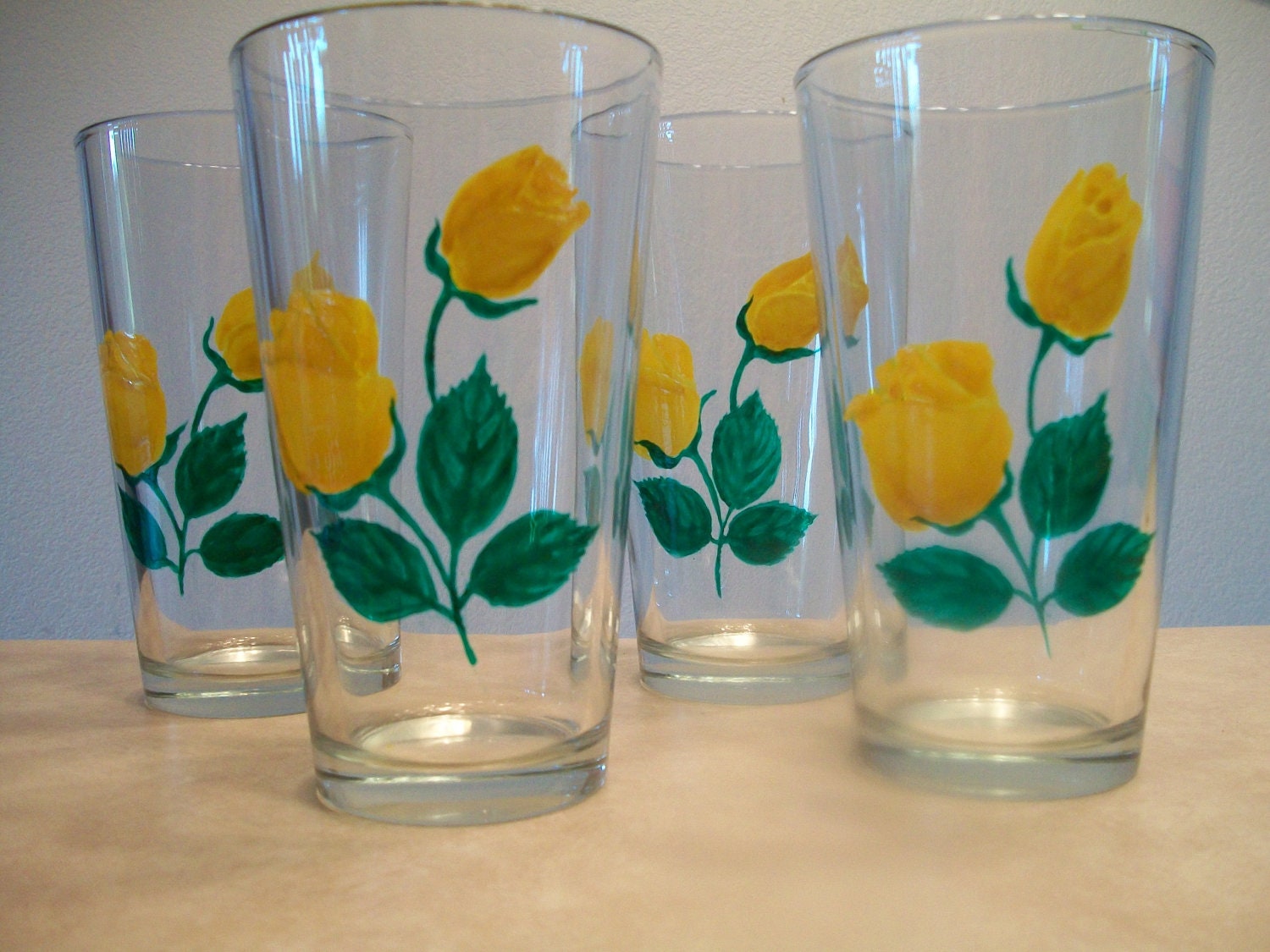 Yellow Rose Glasses, Kichen, Hand Painted, Set of 4
