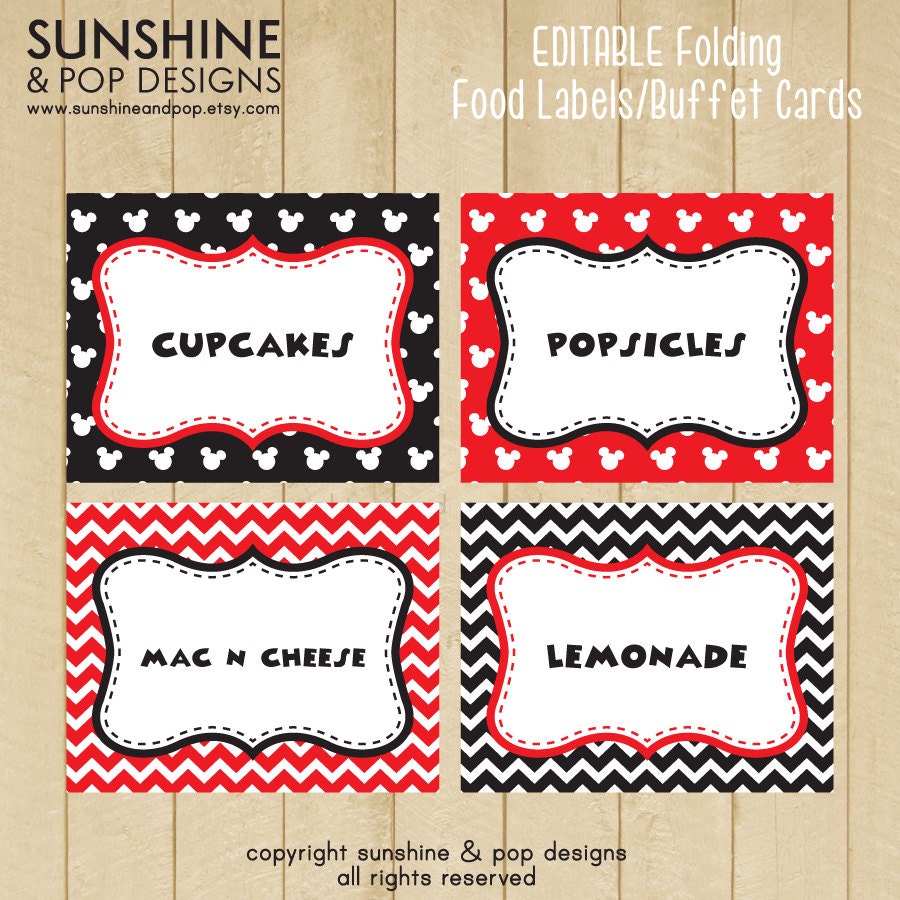 INSTANT DOWNLOAD - EDITABLE Mouse Party Mickey inspired folding Buffet Card, Food Tag, Label - Custom pdf Il_170x135