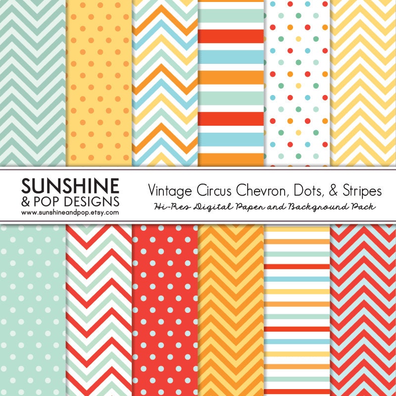 INSTANT DOWNLOAD - 12 Vintage Circus Digital Paper Pack Chevron Stipes Polka Dot for scrapbooking, decorations, invitations, backgrounds Il_170x135