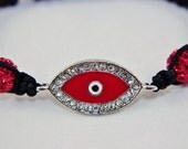 Rhinestone Framed Red Evil Eye Amulet Shamballa Bracelet with Disco Beads FREE SHIPPING USA