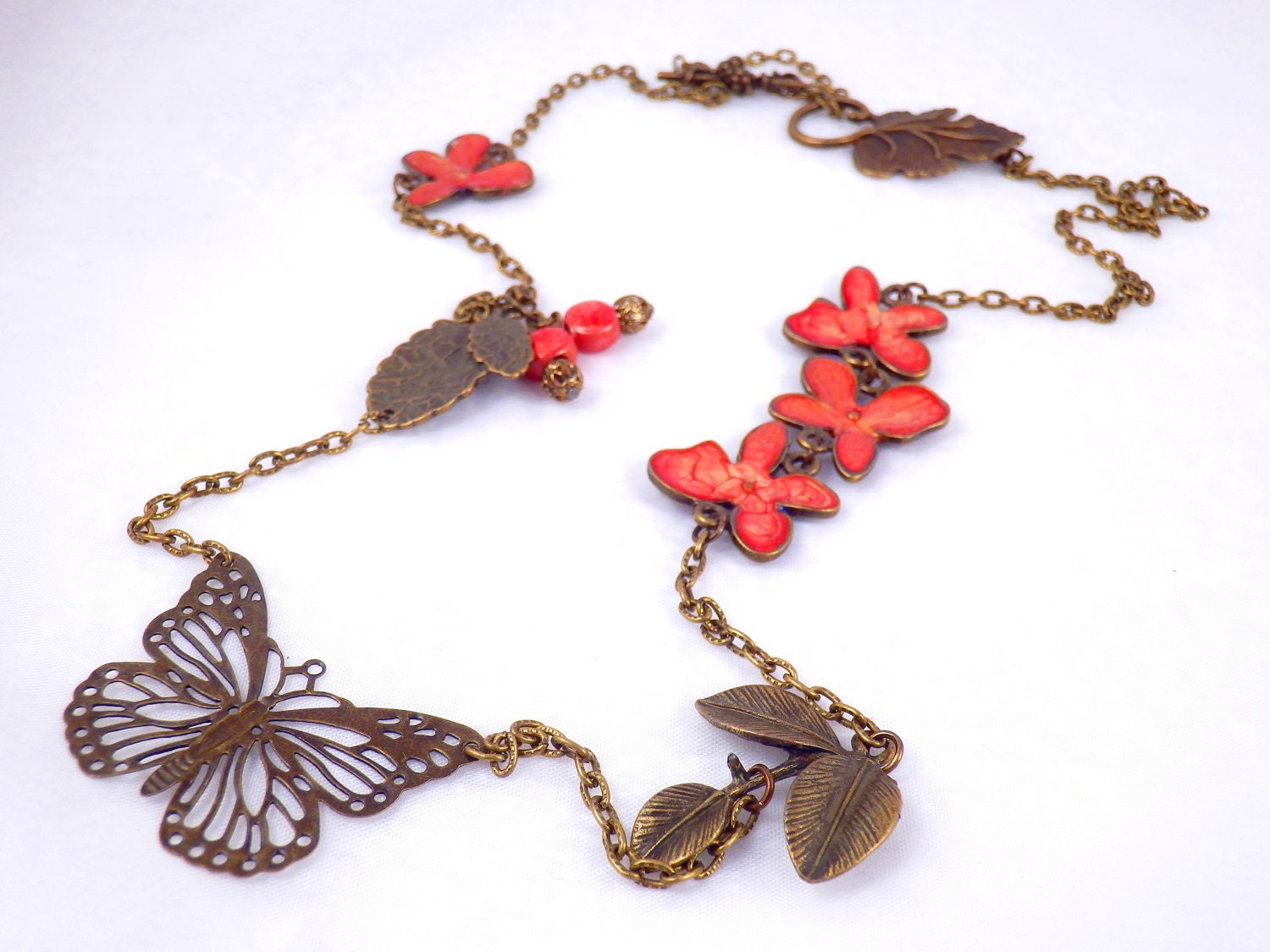 antique bronze hand painted orange flower  chain charms necklace