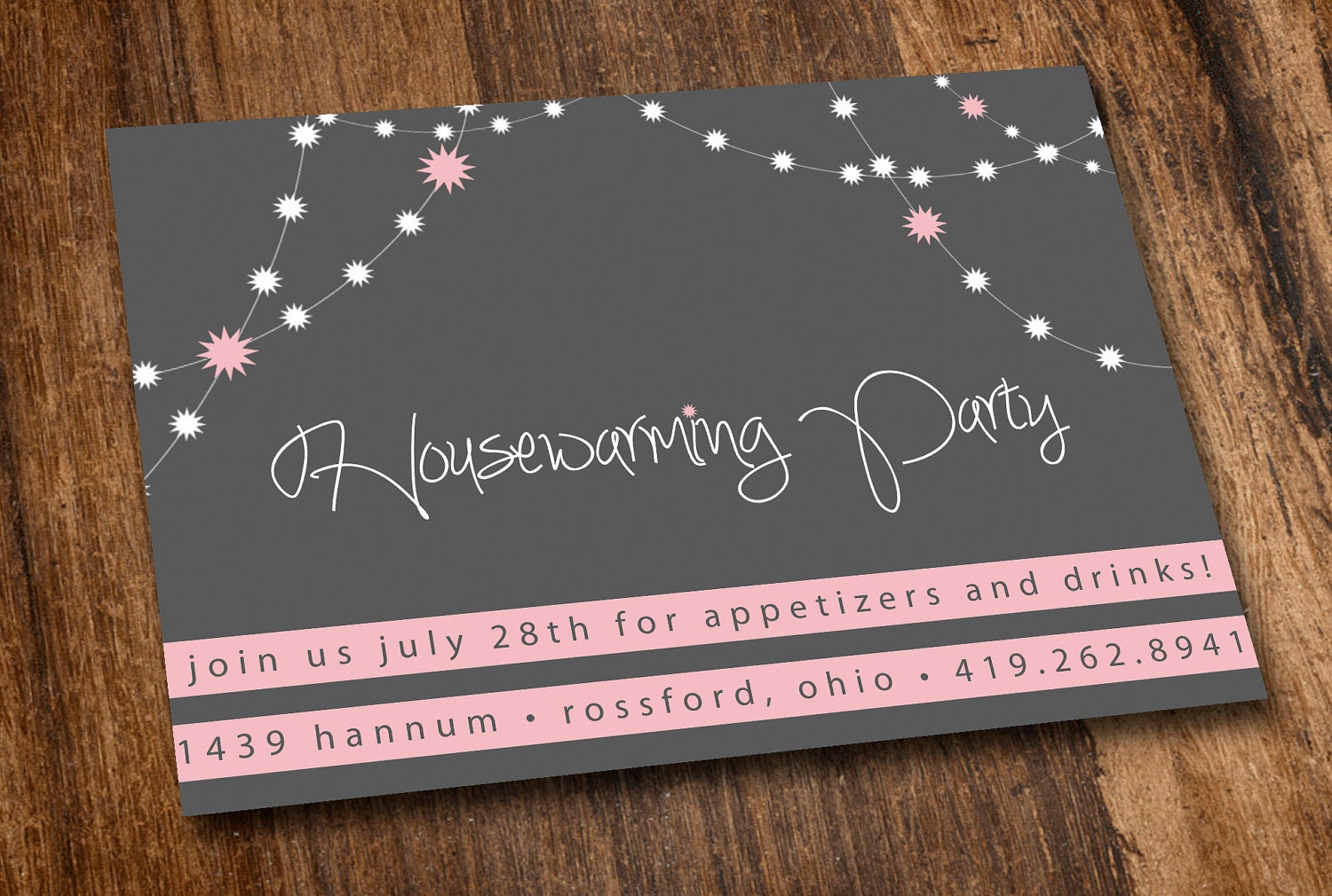 Printable Housewarming Invitation - Pink and Gray Patio Lights